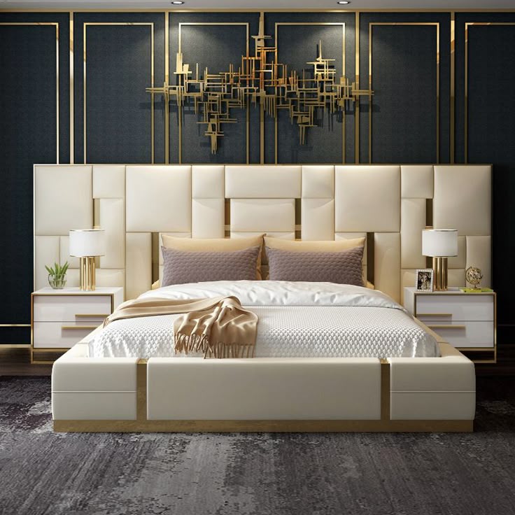 Luxurious modern bedroom with upholstered bed and gold accents