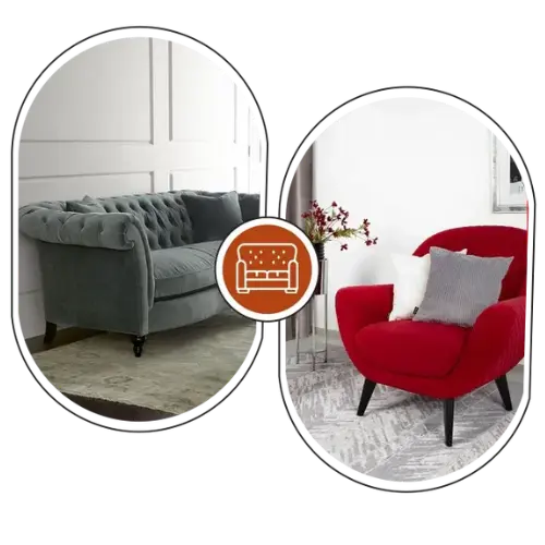 Before and after image of sofa and chair upholstery transformation in Dubai.