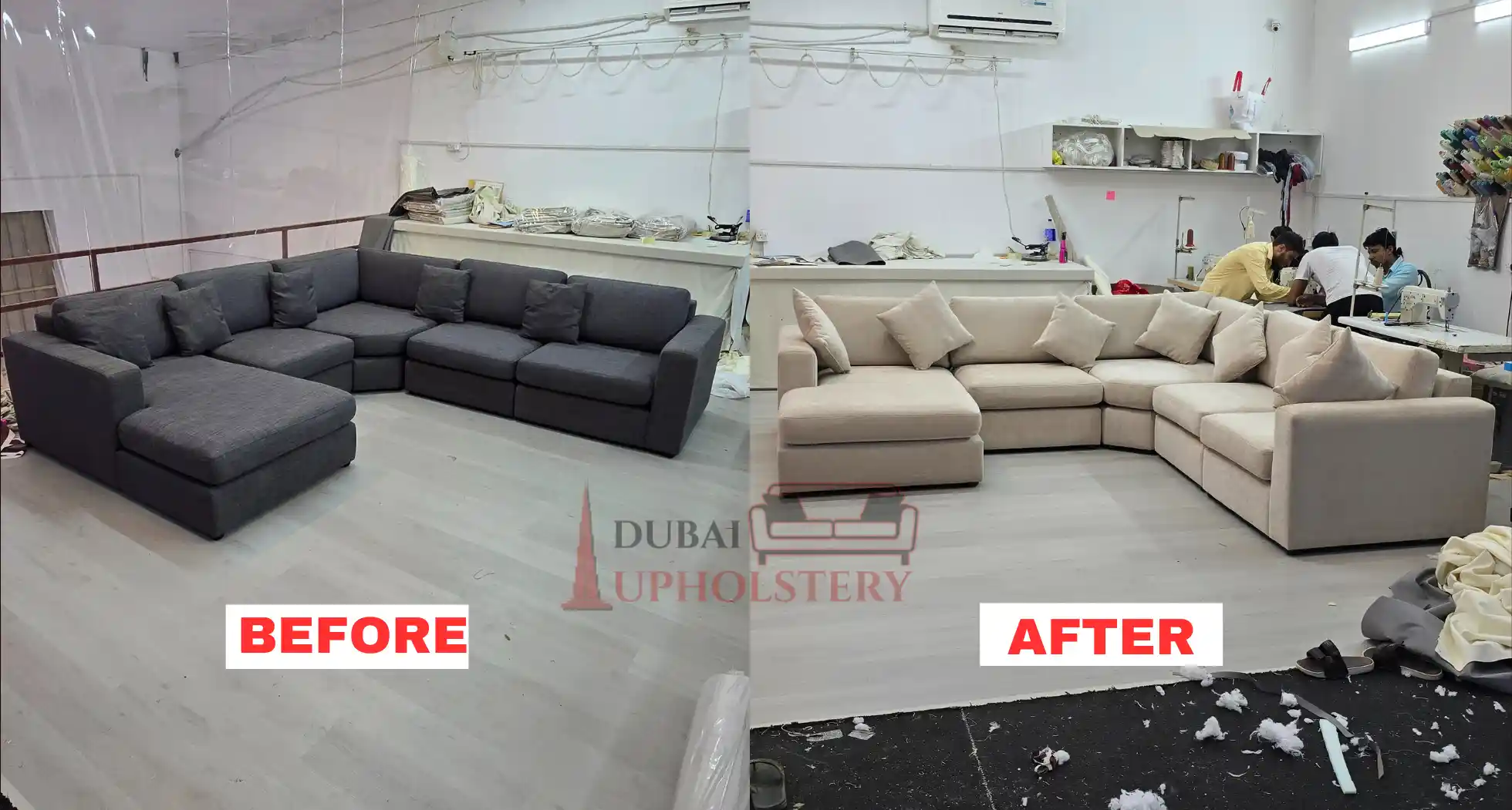 Before and after L-shaped sectional sofa reupholstery in beige fabric at Dubai workshop