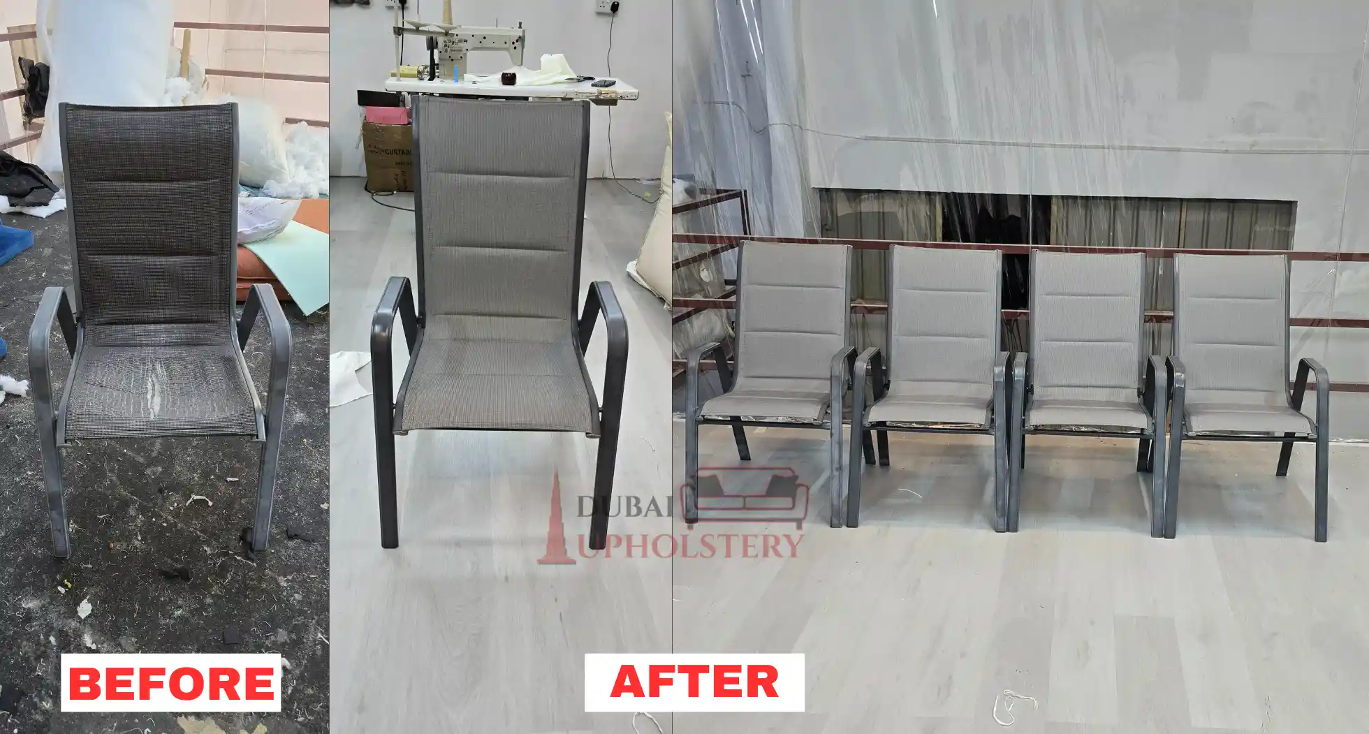 Before and after outdoor chair reupholstery with grey fabric in Dubai