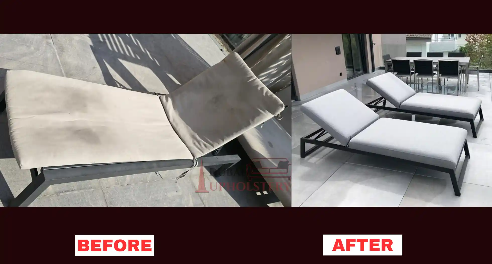 Before and after outdoor sun lounger upholstery restoration in Dubai