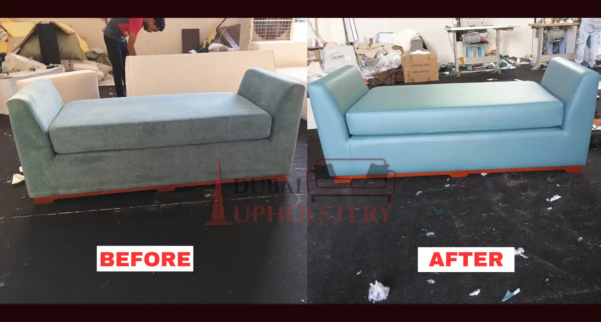 Before and after bench reupholstery with new blue fabric finish in Dubai workshop