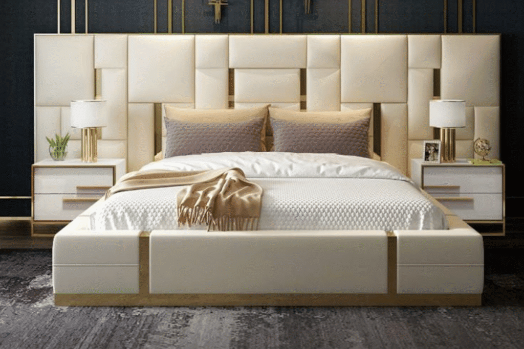 Modern luxury bed with padded headboard and bedside tables