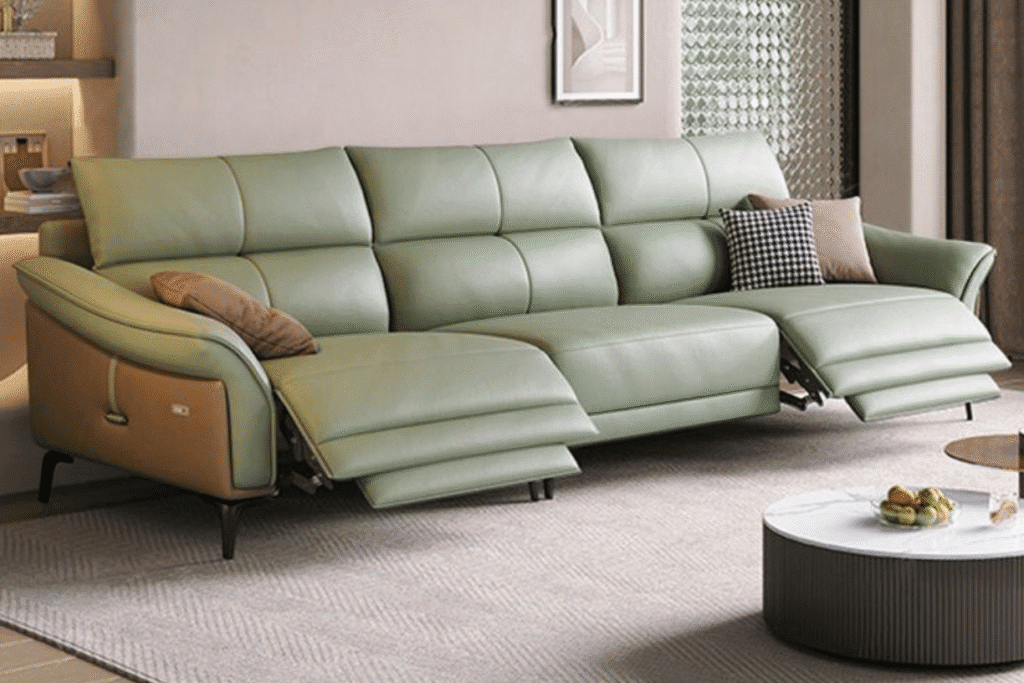 Modern green reclining sofa with adjustable sections