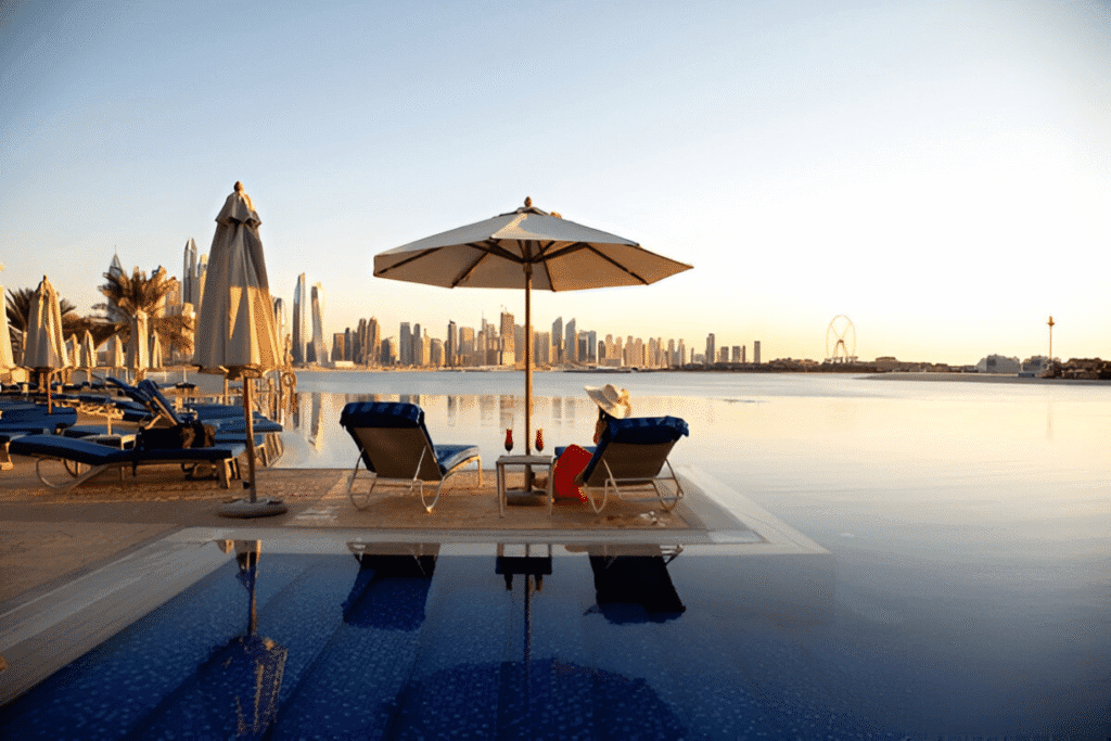 Luxury poolside view with loungers and city skyline