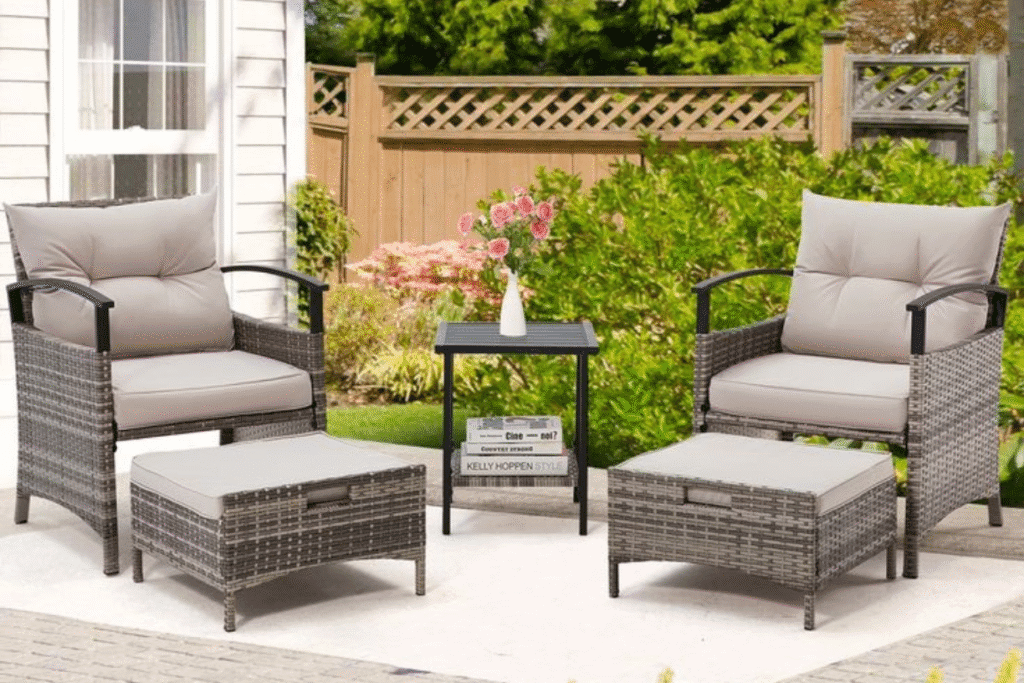 Outdoor wicker furniture set with cushions and table