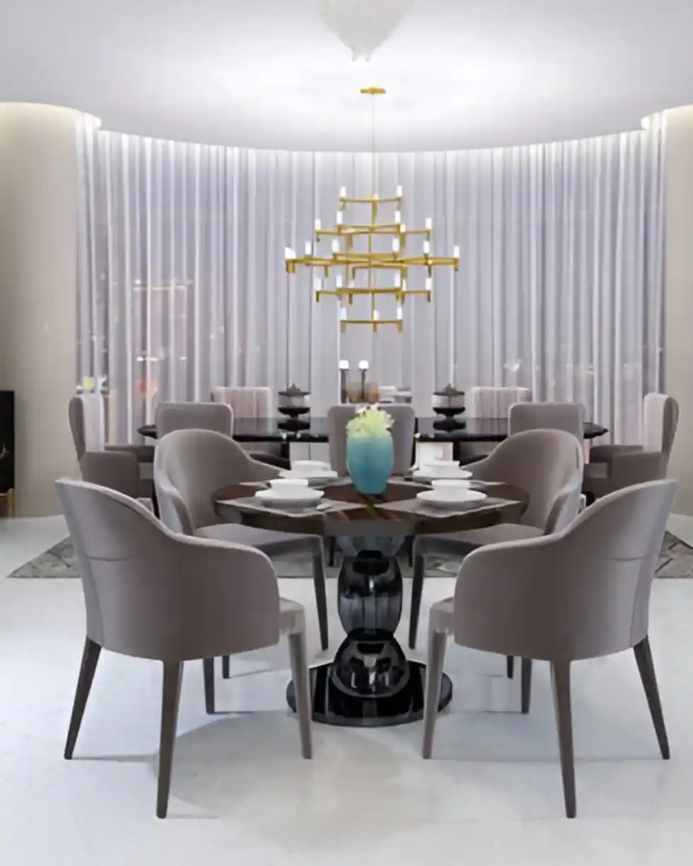 Modern luxury dining room with round table and elegant chairs