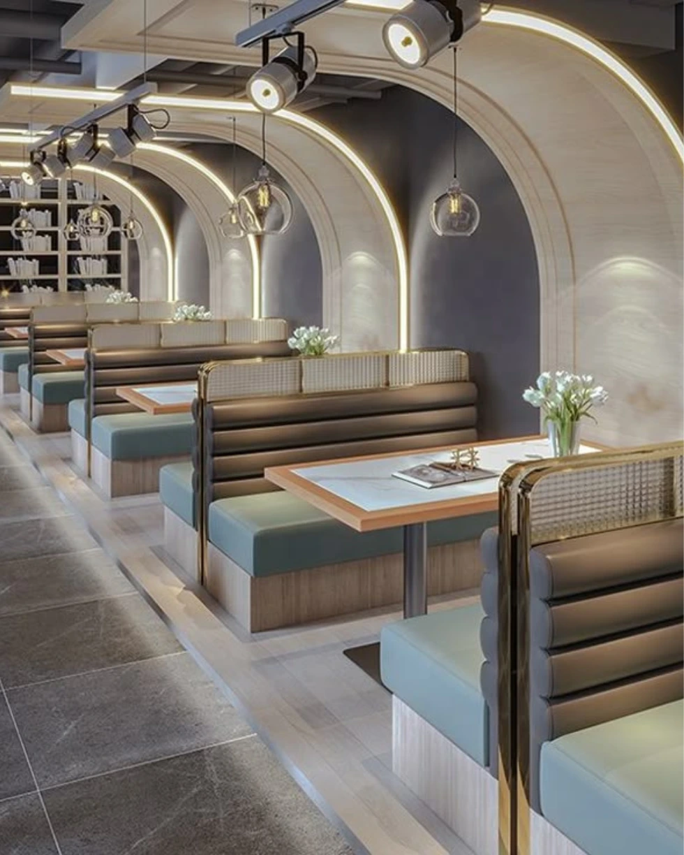 Modern restaurant interior with stylish booth seating and ambient lighting