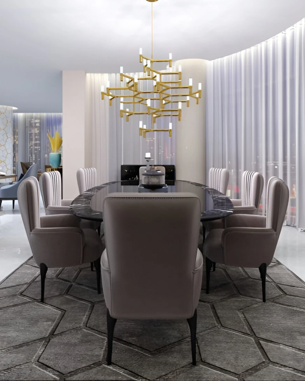 Luxury dining room with upholstered chairs and modern chandelier in Dubai