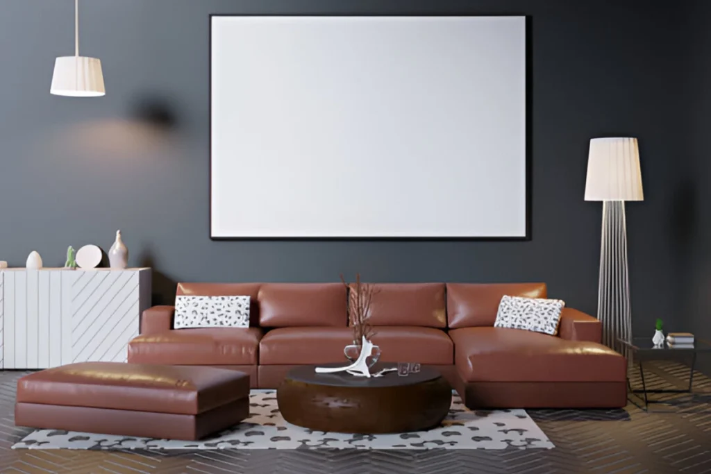 Modern living room with brown leather sectional sofa and minimalist decor
