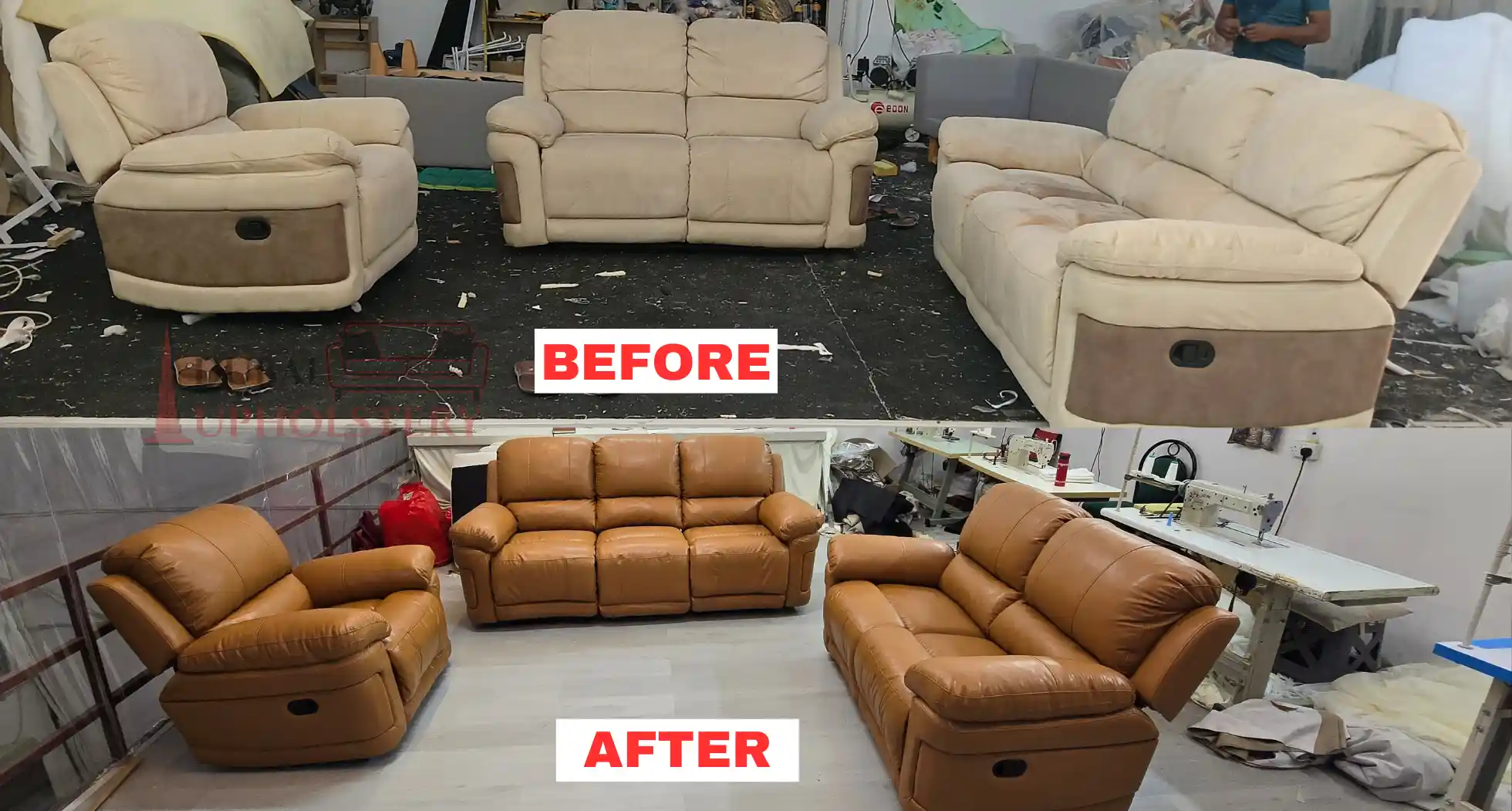 Before and after recliner sofa reupholstery with brown leather finish in Dubai