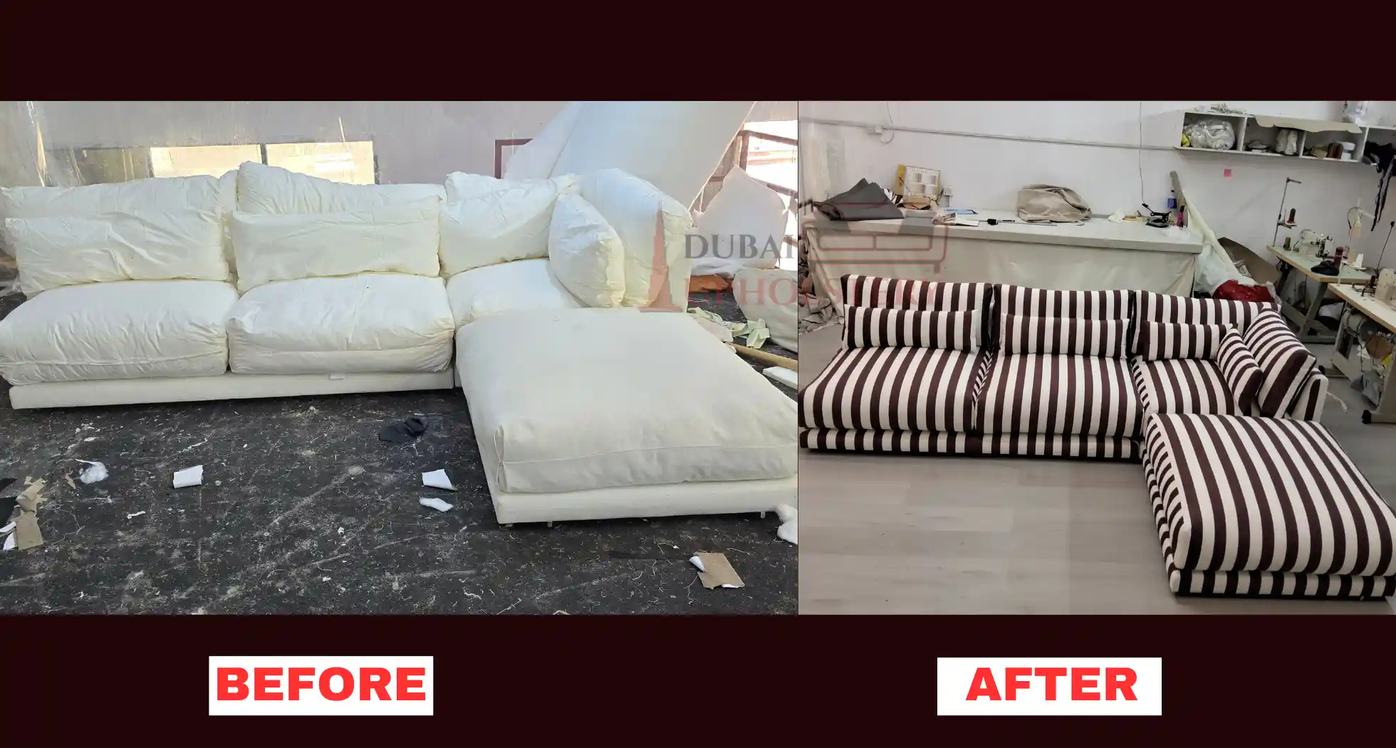 Before and after striped sofa reupholstery in Dubai workshop