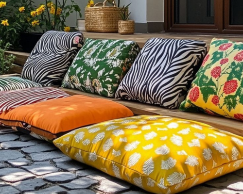Colorful outdoor cushions with floral and zebra prints on wooden bench