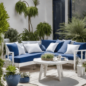 Blue and white outdoor patio seating with lush greenery
