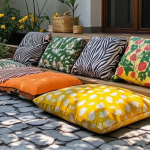 Colorful outdoor cushions with floral and zebra patterns