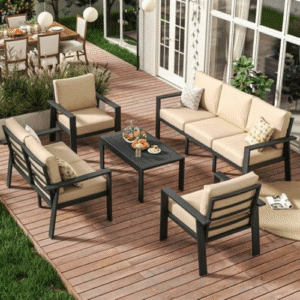 Modern outdoor patio furniture with beige cushions on wooden deck