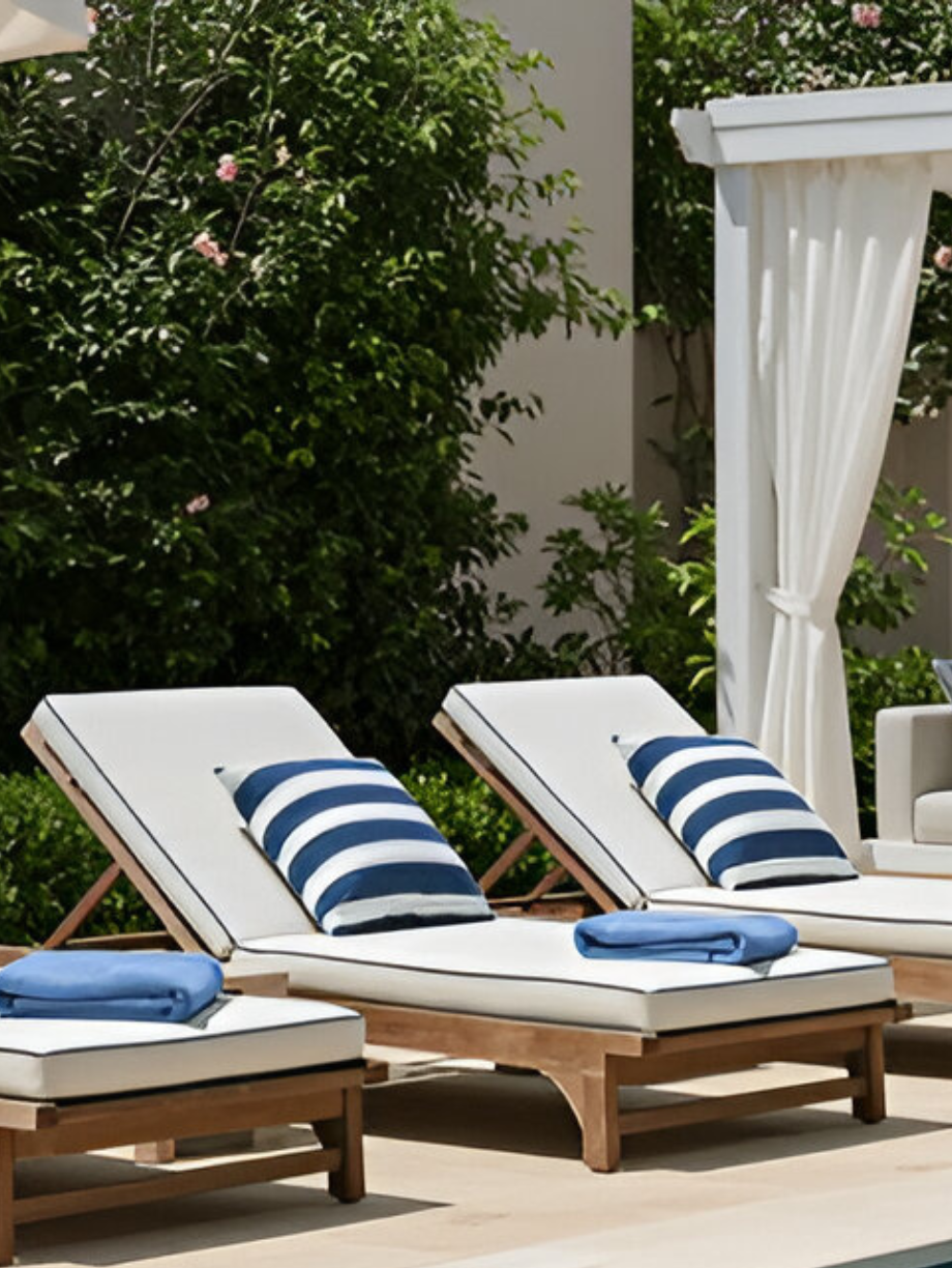 White poolside lounge chairs with blue and white striped pillows and folded towels