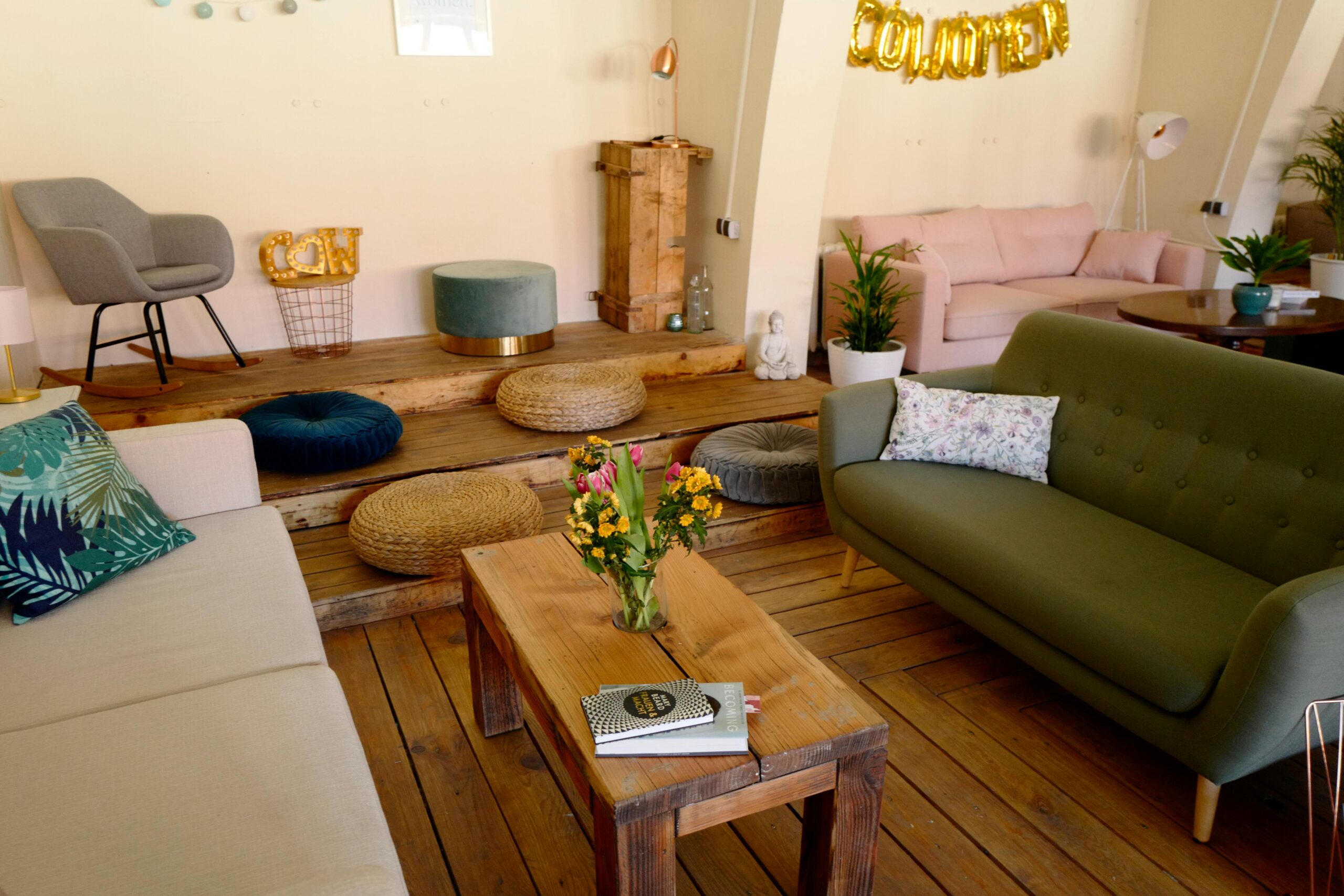 Cozy living room with modern sofas and wooden table