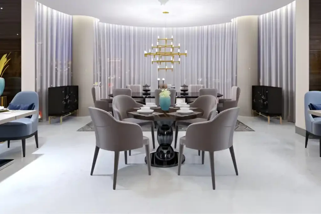 Modern dining room with round table and beige chairs
