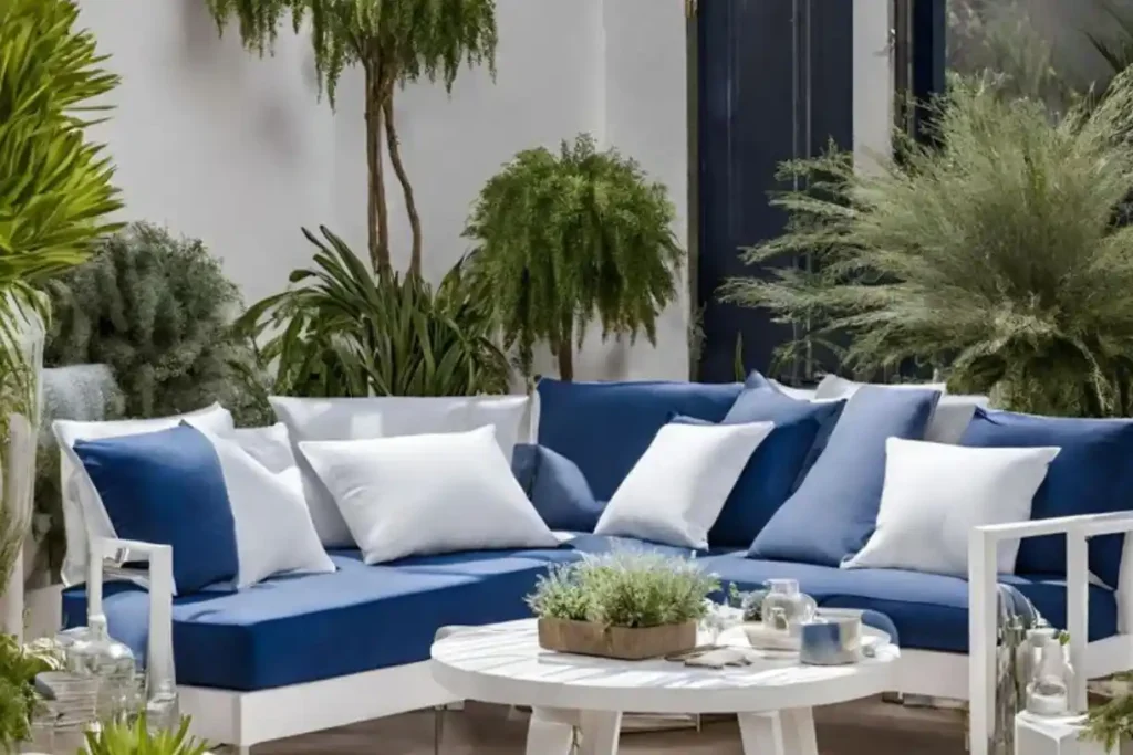 Outdoor white and blue sectional sofa with tropical plants