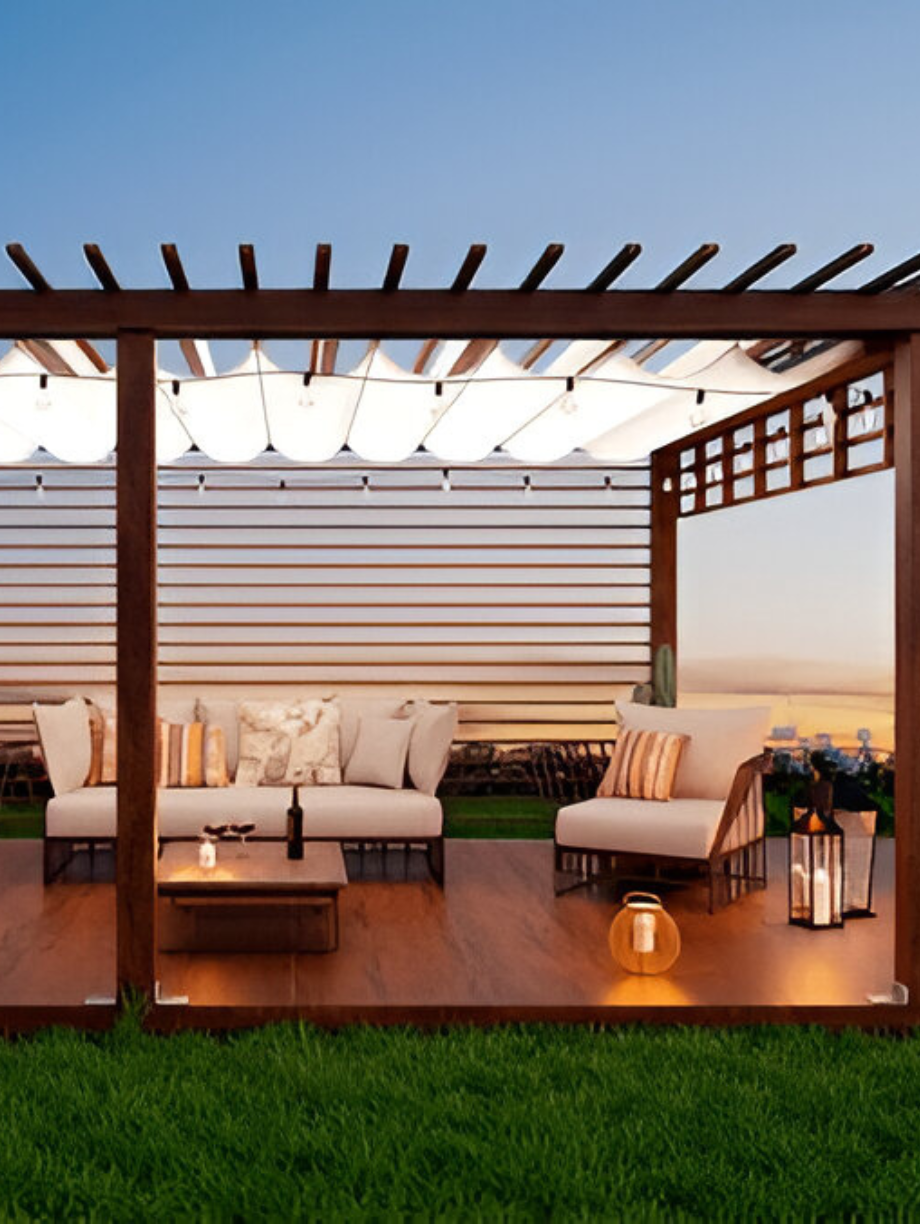 Modern outdoor seating area with wooden pergola and cozy lighting