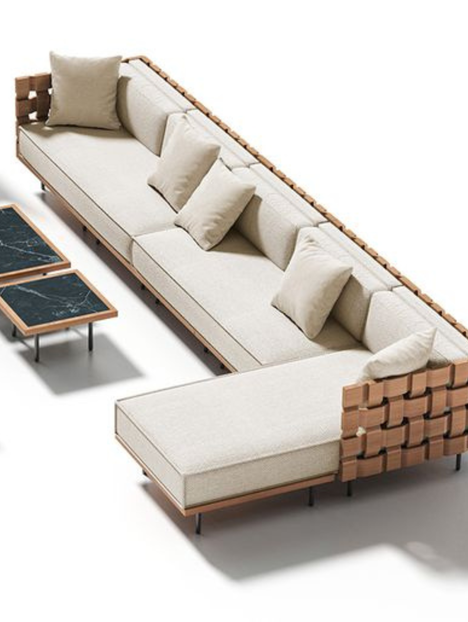 Modern beige sectional sofa with woven leather backrest and cushions
