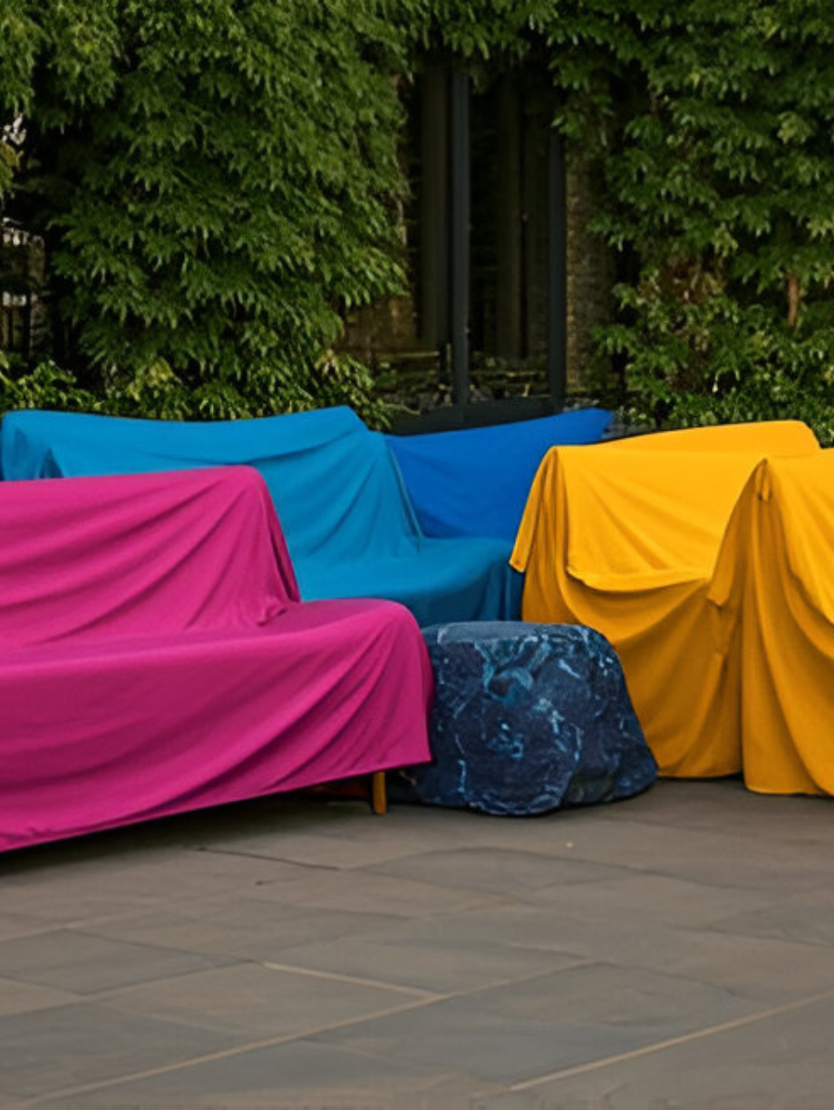 Outdoor furniture covered with colorful fabric covers in garden setting