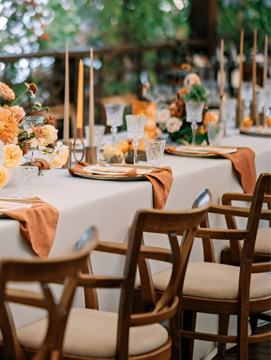 Elegant table setting with floral decor and wooden chairs