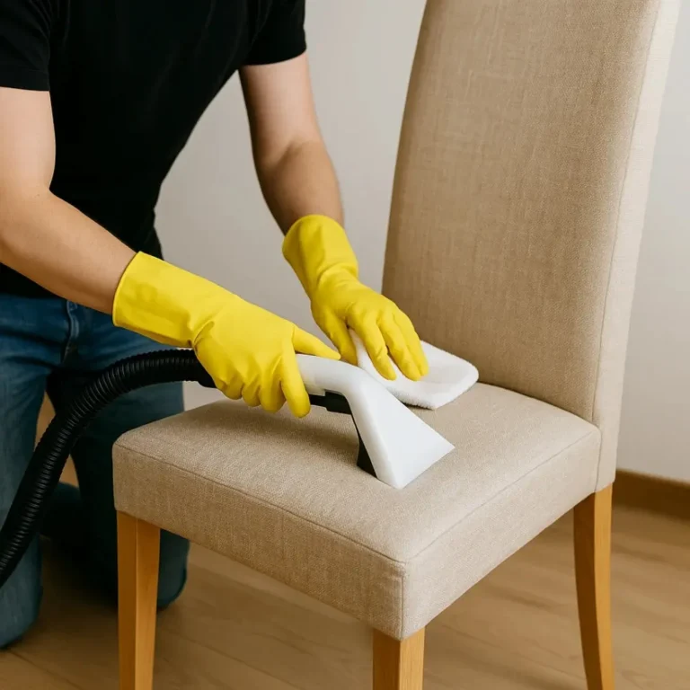 Person scrubbing a chair's fabric upholstery, providing tips on how to clean chair upholstery with ease.