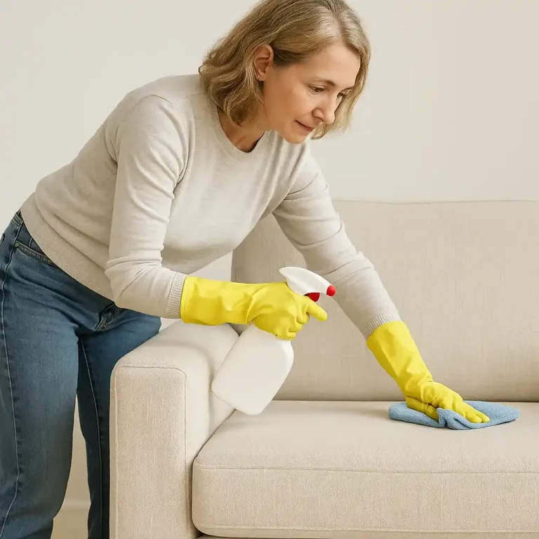 A woman in yellow gloves demonstrating how to clean sofa upholstery at home using a spray bottle and microfiber cloth on a beige fabric sofa.