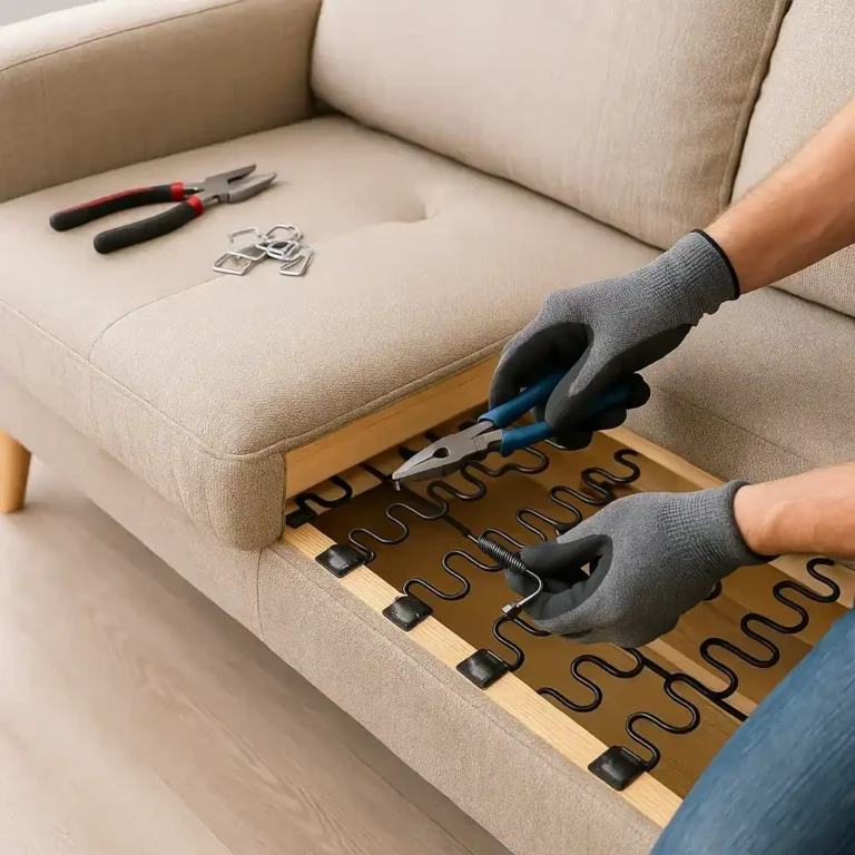 A person repairing sofa springs with pliers and tools, showing exposed sofa framework and cushions, demonstrating how to repair sofa springs.