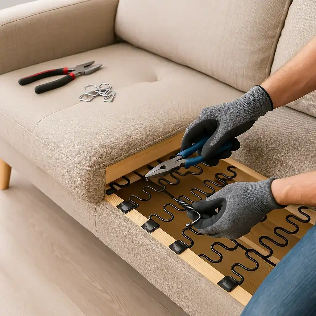 A person repairing sofa springs with pliers and tools, showing exposed sofa framework and cushions, demonstrating how to repair sofa springs.