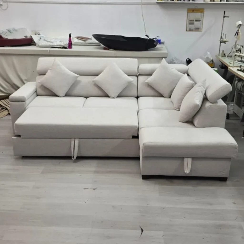 Step-by-step process showing how to cover a sofa using premium fabric for a fresh, modern look.