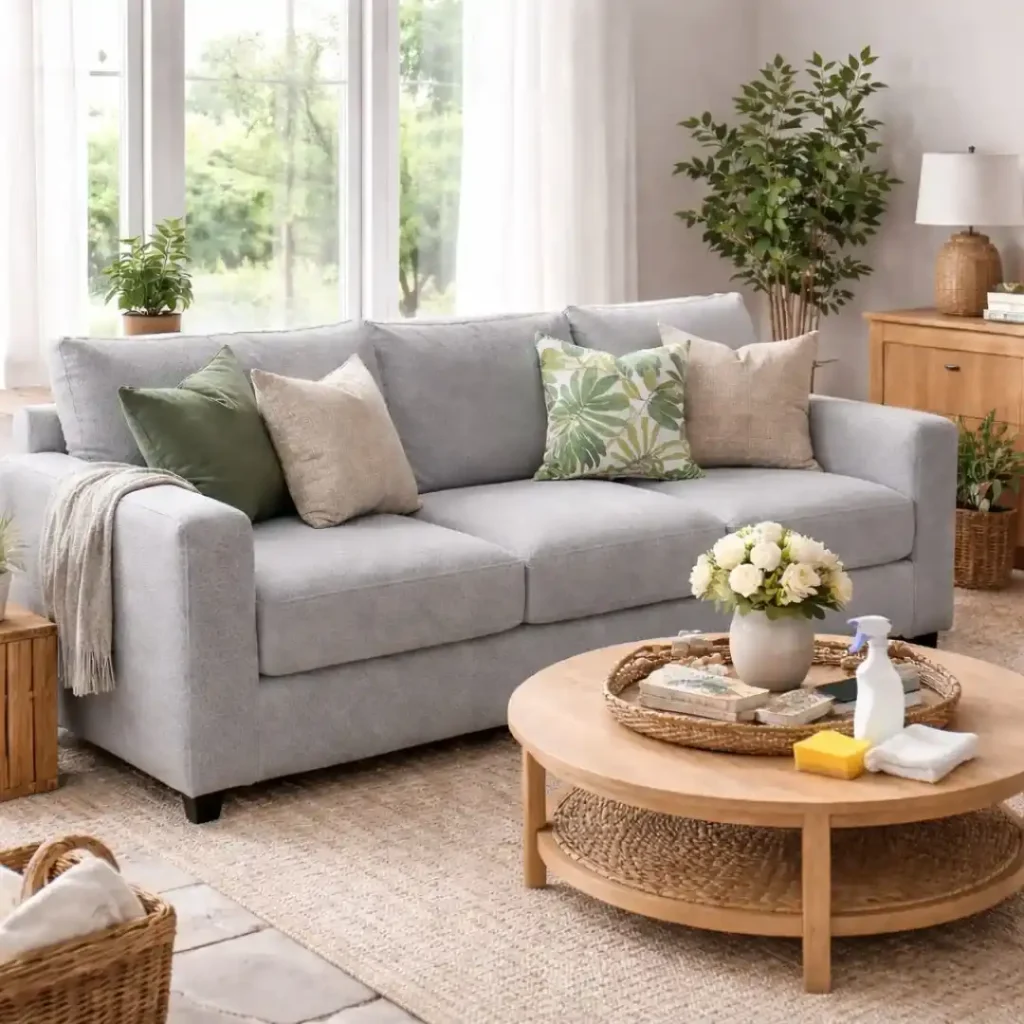 Modern living room featuring a stylish sofa protected with a fitted cover, showing why custom sofa cover solutions are perfect for furniture protection and elegant interiors.