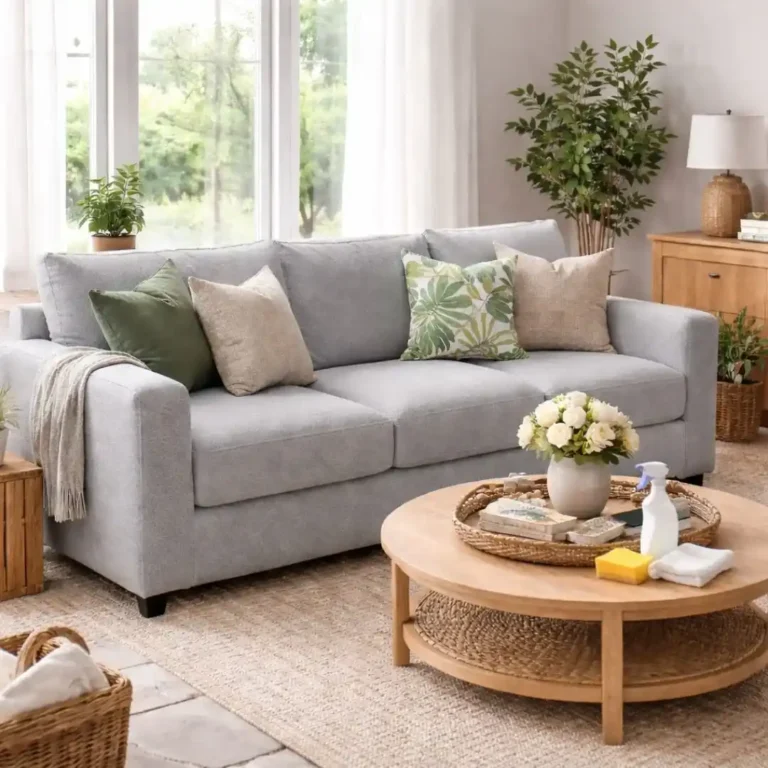 Modern living room featuring a stylish sofa protected with a fitted cover, showing why custom sofa cover solutions are perfect for furniture protection and elegant interiors.