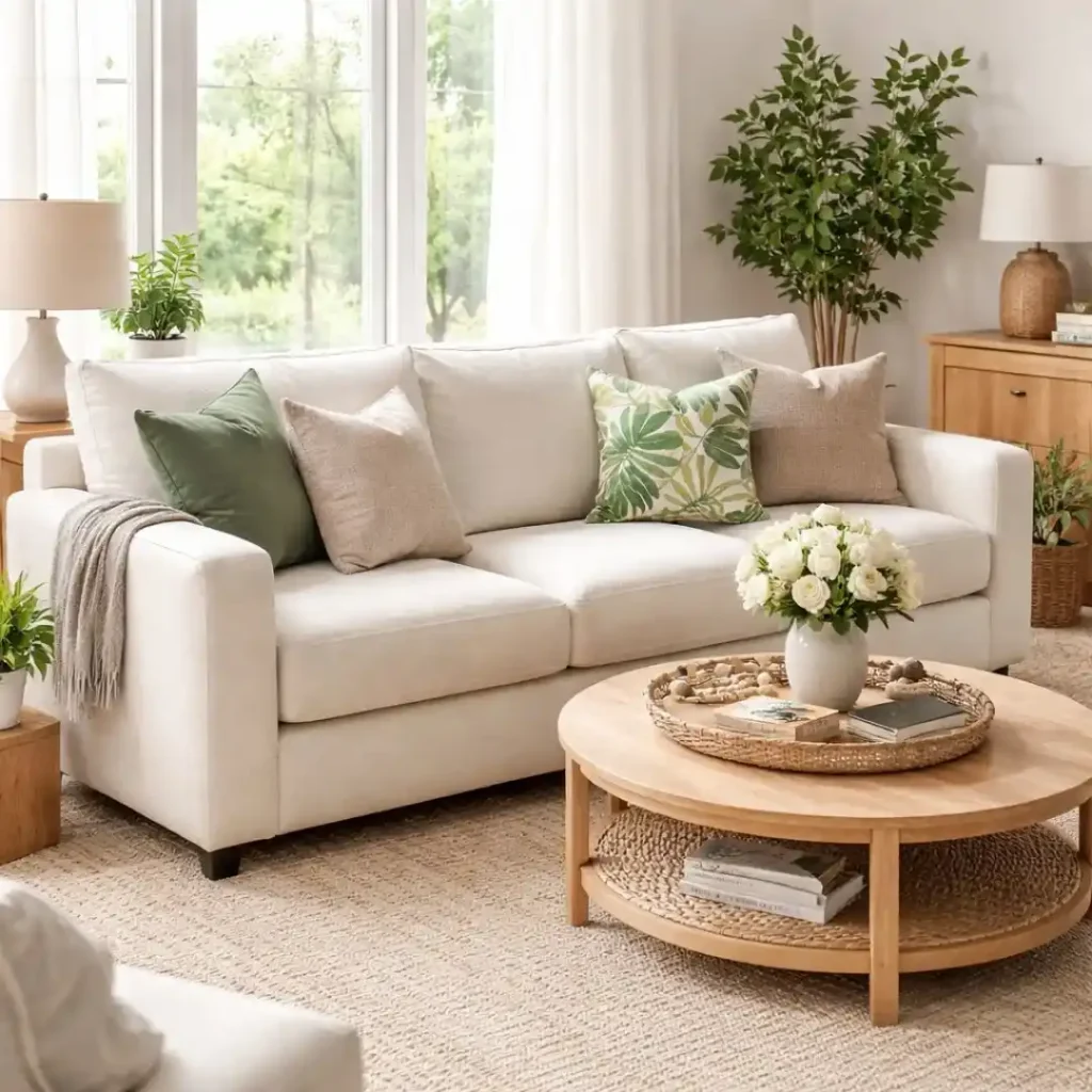 Modern living room featuring elegant reupholstered sofa showing how Sofa Upholstery in Dubai Can Transform Living spaces.