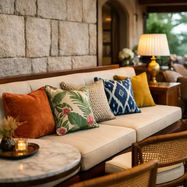 Custom Cushion Upholstery for Hotels & Villas showcasing luxury seating with premium cushions and modern interior design