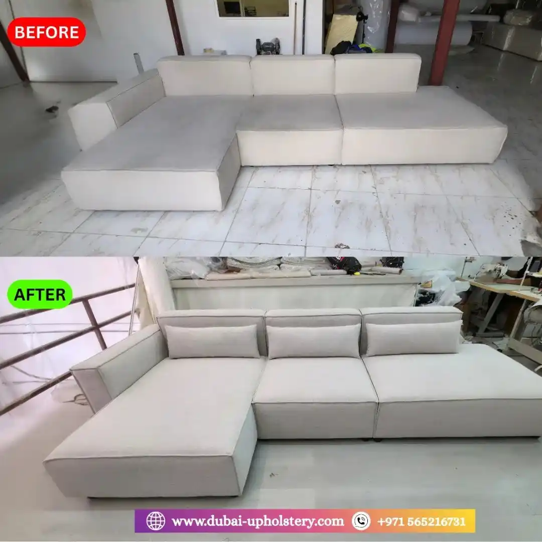 Why Sofas Get Damaged Faster in Dubai showing worn-out sofa fabric and cushions in a Dubai living room