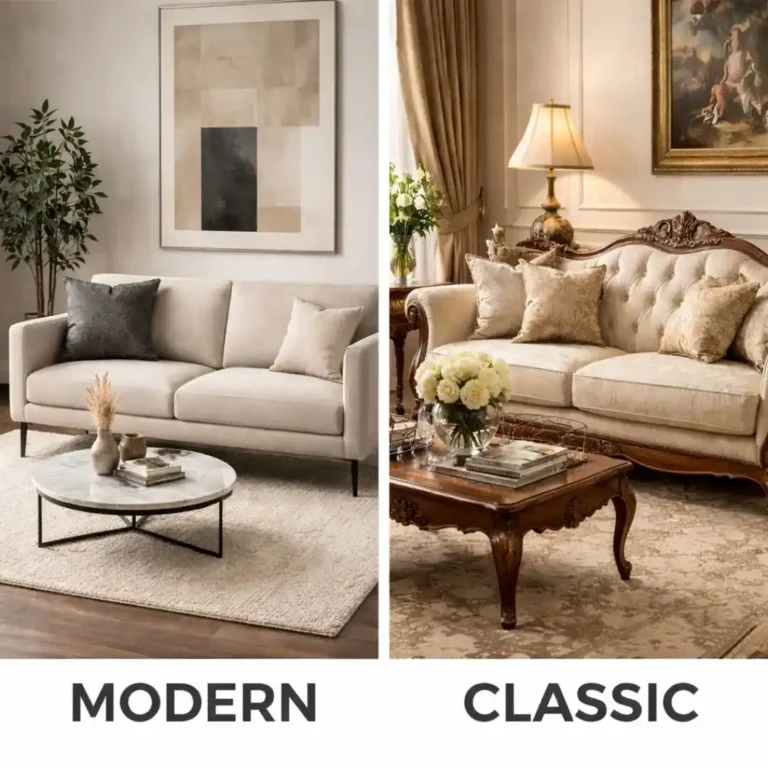 Choosing Between Modern vs Classic Sofa upholstery styles showing a comparison of contemporary and traditional sofa designs