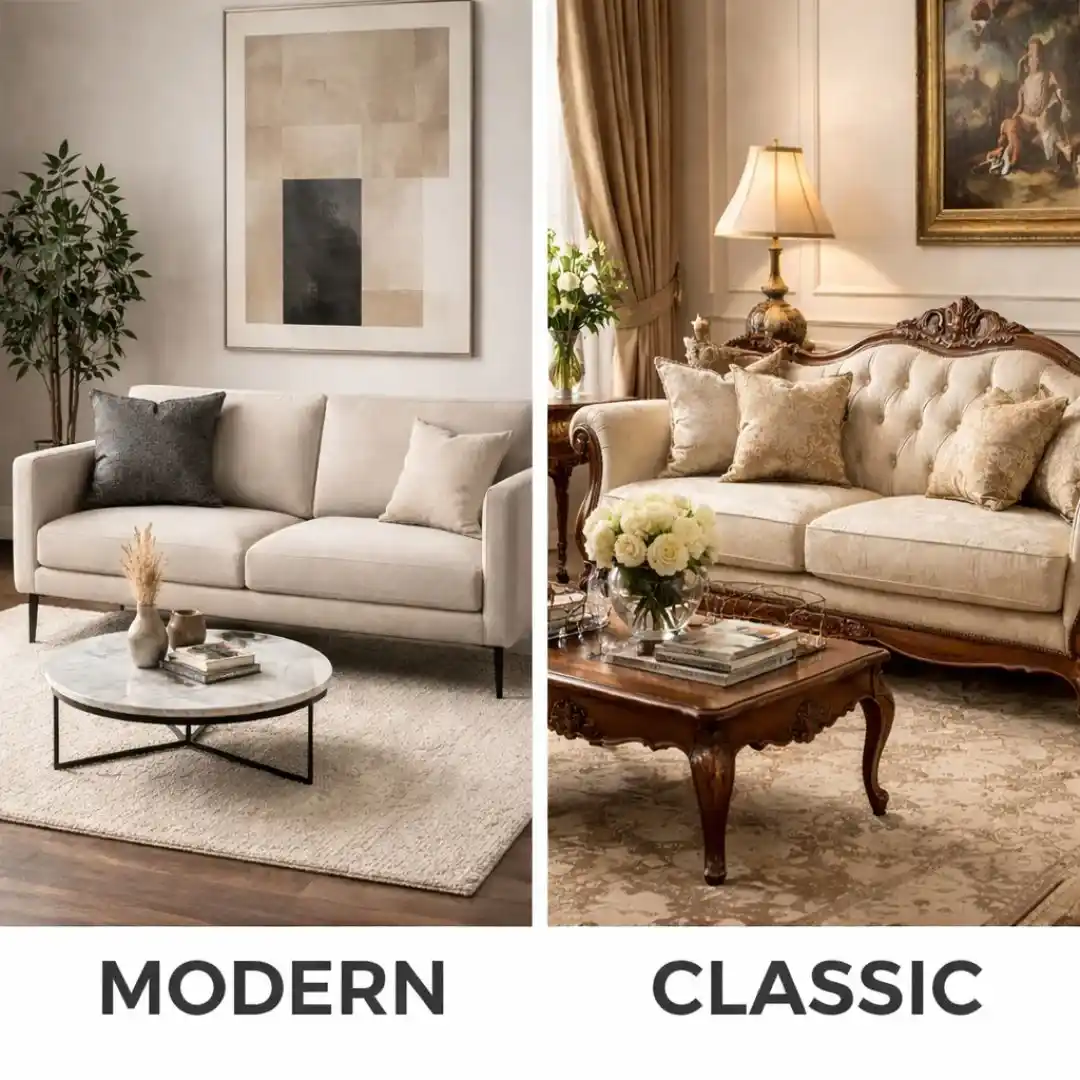 Choosing Between Modern vs Classic Sofa upholstery styles showing a comparison of contemporary and traditional sofa designs