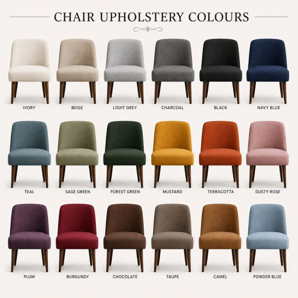 Which Chair Upholstery Colors Are Trending featuring a collection of modern upholstered chairs in popular shades including ivory, beige, grey, navy blue, sage green, mustard, terracotta, burgundy, camel, and dusty rose for stylish home and commercial interiors.