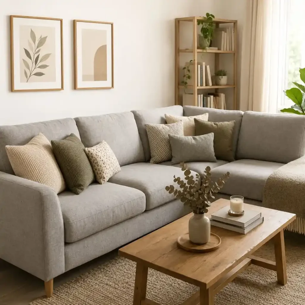 Furniture Upholstery Dubai Services featuring a modern upholstered sectional sofa in a stylish living room with premium fabric, comfortable cushions, and elegant interior décor.
