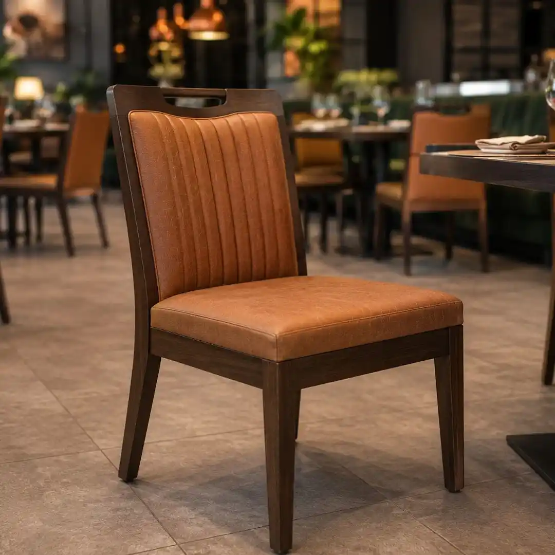 Modern restaurant interior featuring a high-quality brown upholstered dining chair with wooden legs, emphasizing comfort, durability, and style as an Affordable and Durable Restaurant Chair.