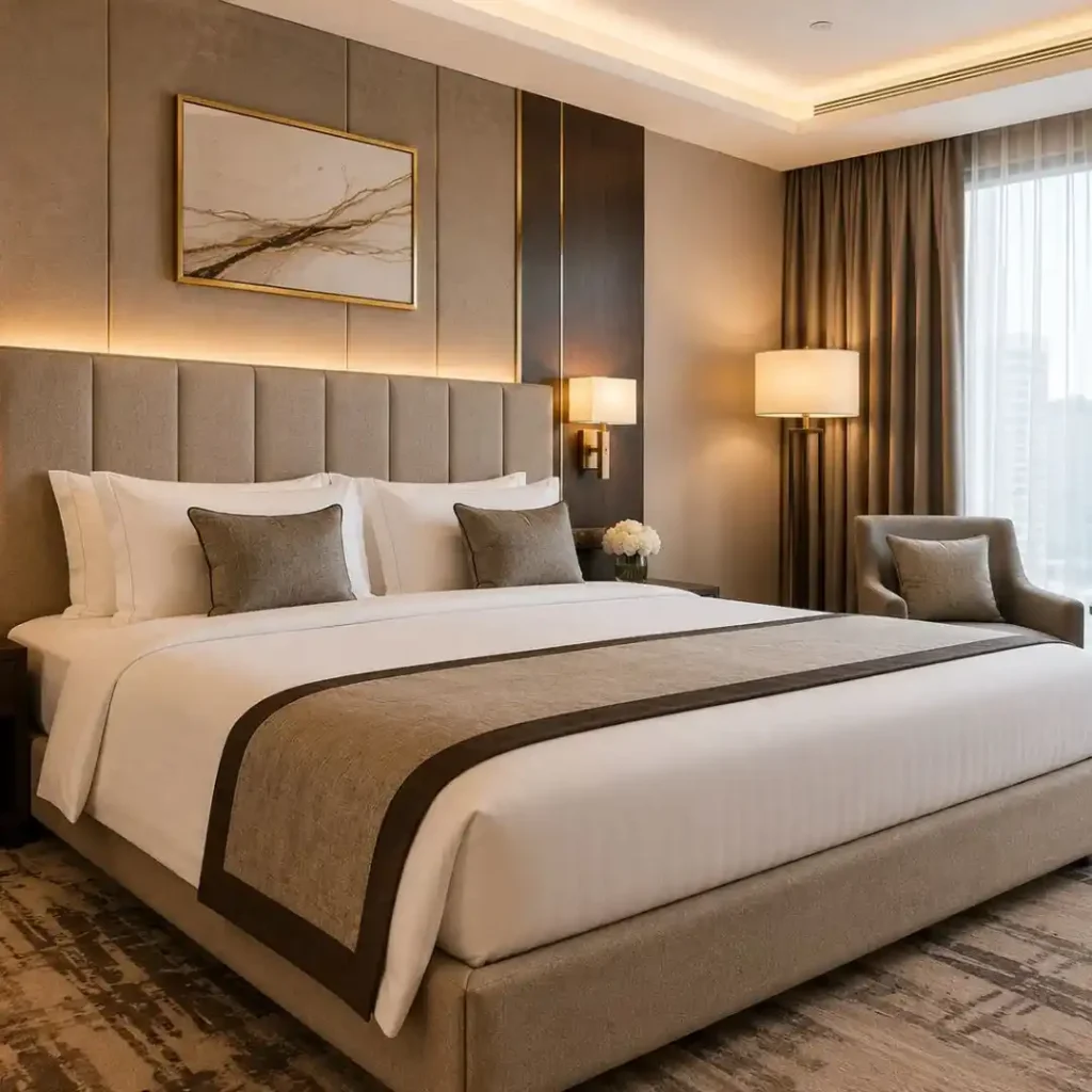 Luxurious hotel room featuring a king-size bed with a padded headboard, crisp white bedding, and elegant décor, showcasing premium craftsmanship for Custom Hotel Bed Upholstery Dubai Services.
